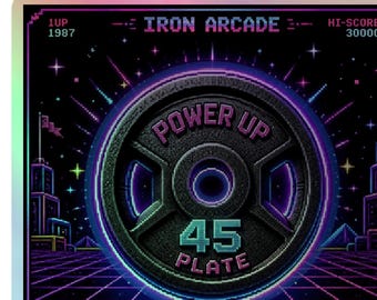Power up plate holographic sticker, retro arcade weightlifting sticker, cult of the barbell