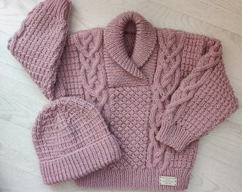 Child, Toddler, Baby, Hand Knitted, Aran, Cable Knit Jumper, Sweater, Pullover, Cardigan, Jacket Blush handmade gift.