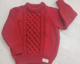 Child, Toddler, Baby, Hand Knitted Chunky, Cable Knit Jumper, Sweater, Pullover, Cardigan, Jacket Red handmade gift,