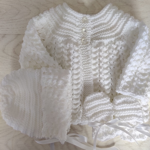 White, hand knitted baby cardigan. Welcome home outfit Christening, Baptism clothes, naming day sweater, jumper, baby layette, new baby gift