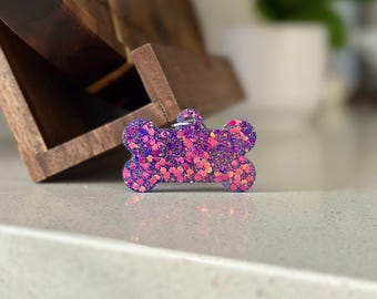 Personalized Glitter Resin Dog Bone Tag - Handmade Pet ID