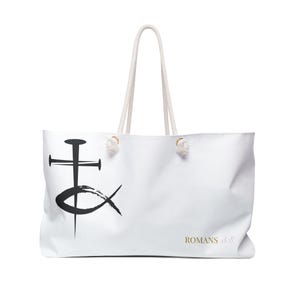 Faith-Inspired Weekender Bag, Christian Travel Tote, Scripture Canvas Bag, Religious Weekend Getaway Bag, Romans 8:28 Carryall