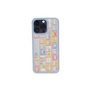 May include: A light blue phone case with a keyboard-like design. The case features a grid of colorful squares with cartoon illustrations. The camera lenses are visible at the top. The case has a light pink and blue color scheme.