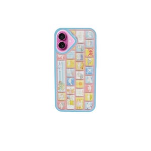 May include: A colorful phone case with a keyboard design. The case features a pink and blue frame, with a grid of square keys in various pastel colors. Each key has a cartoon illustration. The camera area is pink.