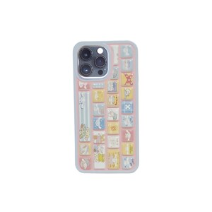 May include: A light blue and pink phone case with a grid pattern of small, square illustrations. The illustrations feature cartoon characters in pastel colors. The case has a light blue border and a camera cutout.