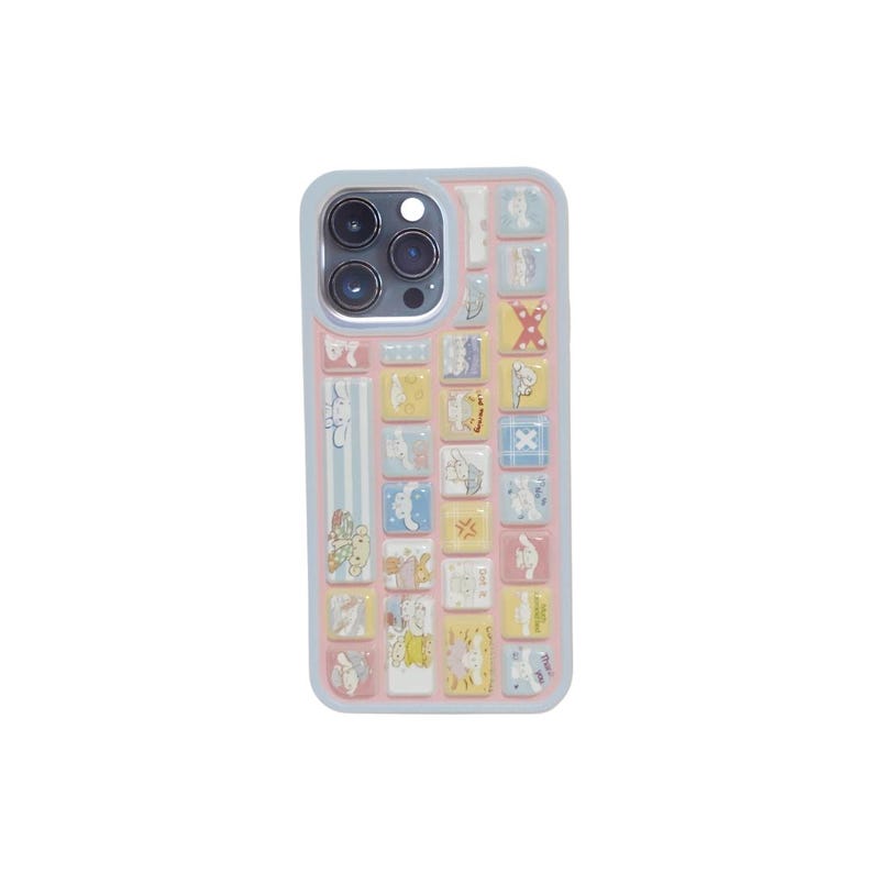 May include: A light blue and pink phone case with a grid pattern of small, square illustrations. The illustrations feature cartoon characters in pastel colors. The case has a light blue border and a camera cutout.