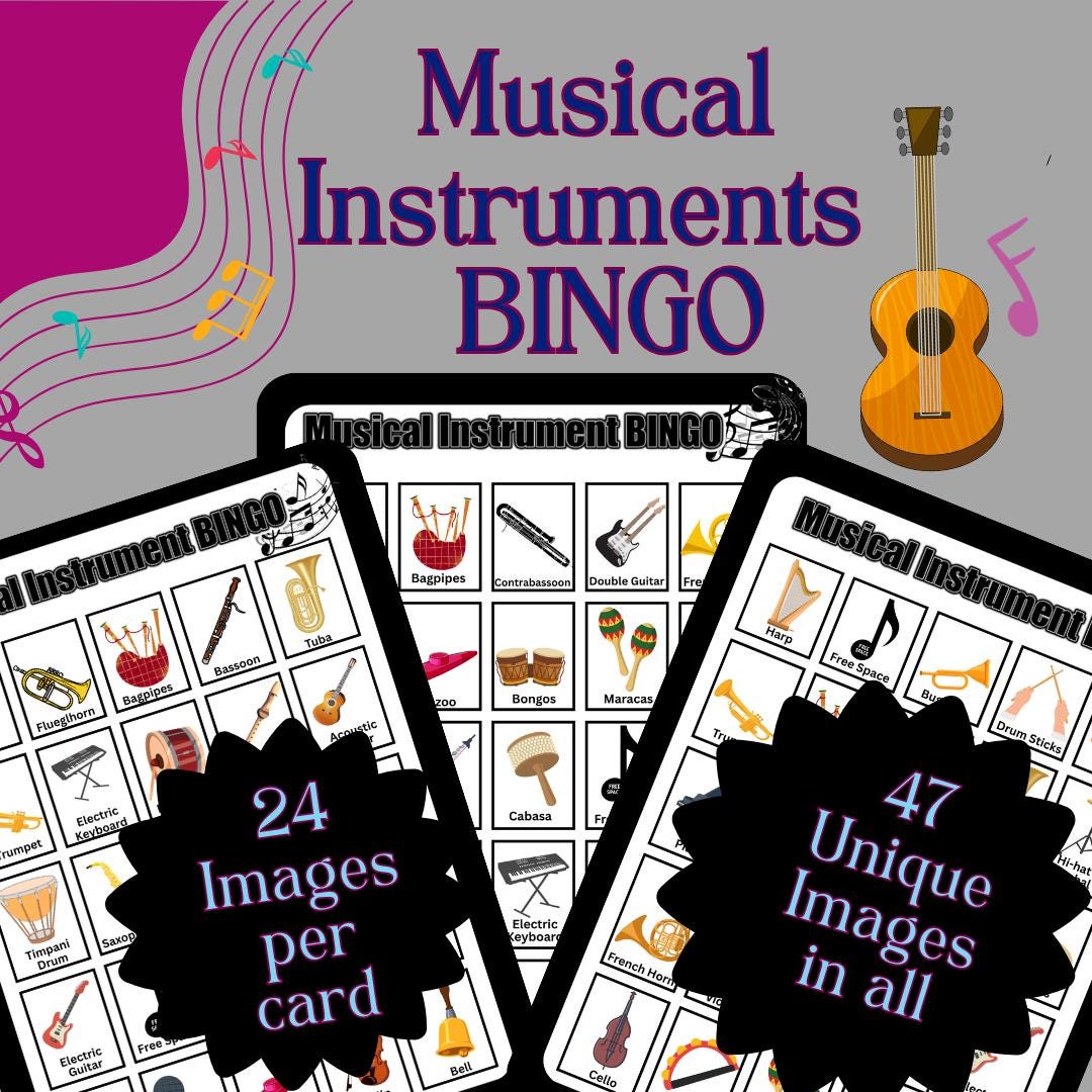 Musical Instruments BINGO Printable • 34 Unique Cards • 47 Instrument ...