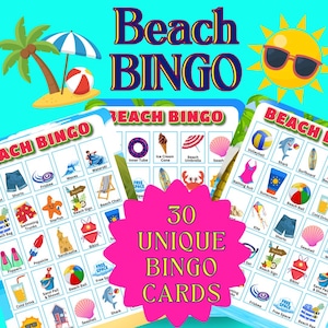 May include: A Beach Bingo game set with 30 unique cards. The game features beach-themed images like shorts, seashells, and beach balls. The design includes a sun with sunglasses, a palm tree, and a beach ball.