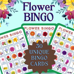 Op de afbeelding: Een set bloemenbingokaarten met een lichtblauwe achtergrond en bloemaccenten. De kaarten bevatten verschillende bloemenillustraties en de tekst "Flower Bingo". De afbeelding bevat ook een bruine ster met de tekst "30 Unieke Bingokaarten".