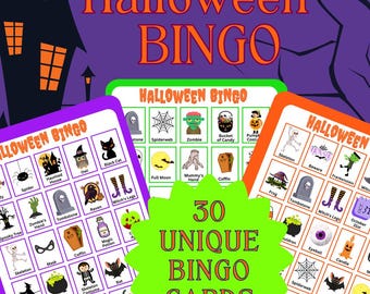 May include: Halloween Bingo cards with spooky themed images. The cards feature images of spiders, zombies, and pumpkins. The text on the cards reads "Halloween Bingo" and "30 Unique Bingo Cards."