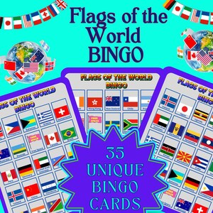 May include: Flags of the World BINGO game set featuring 35 unique bingo cards with grids of international flags. The cards display various national flags, labels, and free space squares. A purple starburst graphic states 35 UNIQUE BINGO CARDS.