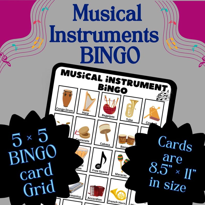 Musical Instruments BINGO Printable • 34 Unique Cards • 47 Instrument ...