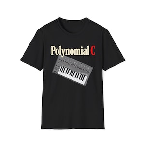 May include: Black t-shirt featuring the text "Polynomial C" in a cream-colored font with a red "C". Below the text is a graphic of a gray synthesizer keyboard with black and white keys.