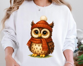 Cute Owl Winter Sweatshirt, Cozy Christmas Animal Sweater, Kawaii Owl Shirt, Fall Autumn Owl Lover Gift for Women