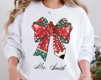 Personalized Christmas Bow Sweatshirt, Custom Name Holiday Sweater, Teacher Gift, Festive Family Matching Xmas Outfit