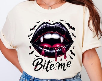 Comfort Colors Bite Me Shirt Vampire Lips Graphic Tee Halloween Gothic T-Shirt Spooky Season Top Retro Vampire Aesthetic Tee