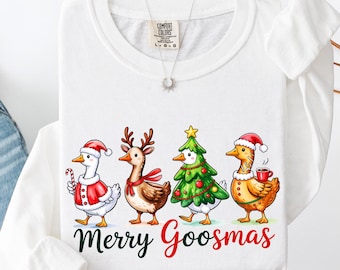 Merry Goosemas Long Sleeve Shirt | Funny Christmas Goose Top with Santa and Reindeer Holiday Print | Cute Xmas Gift Idea