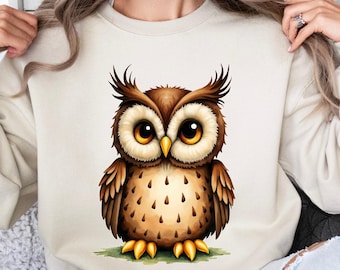Cute Owl Sweatshirt, Cozy Cartoon Forest Animal Pullover, Fall Aesthetic Crewneck Gift, Woodland Bird Lover Sweater