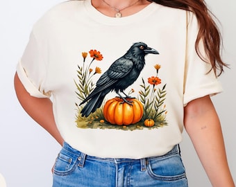 Comfort Colors Halloween Raven Pumpkin T Shirt, Spooky Crow Graphic Tee with Fall Flowers, Gothic Autumn Shirt, Cute Witchy Outfit