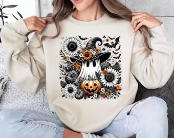 Cute Halloween Ghost Sweatshirt with Pumpkin and Sunflower | Spooky Witch Hat Fall Floral Pullover | Cozy October Outfit