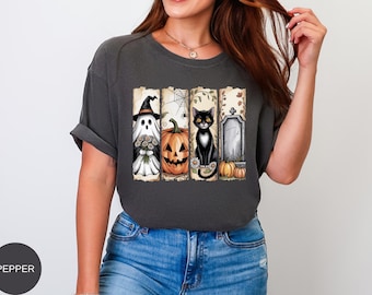 Comfort Colors Halloween Ghost Pumpkin Cat T Shirt, Cute Spooky Graphic Tee, Gothic Fall Shirt with Black Cat Tombstone, Funny Outfit