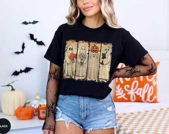 Comfort Colors Vintage Halloween Ghost T Shirt, Retro Spooky Graphic Tee with Black Cat and Pumpkin, Cute Gothic Fall Shirt, Funny Outfit