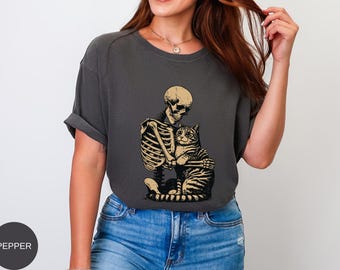 Skeleton Cat Comfort Colors Shirt, Spooky Halloween Graphic Tee, Gothic Cat Lover T Shirt, Funny Skeleton Top, Unhinged Shirts