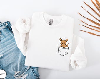 Cute Kangaroo Pocket Sweatshirt, Animal Graphic Pullover, Funny Pocket Hoodie, Cute Kangaroo Crewneck Gift for Women
