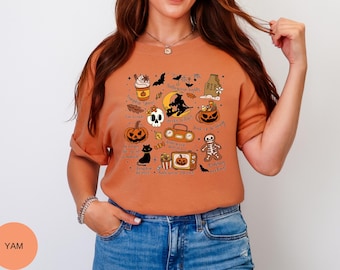 Comfort Colors Halloween Doodle Collage T Shirt, Cute Spooky Graphic Tee with Pumpkins Ghosts Cats Witches, Funny Fall Aesthetic Shirt