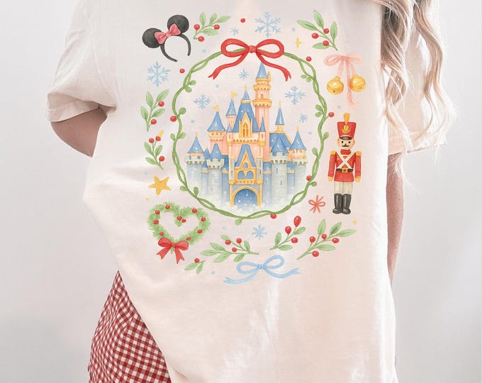 Featured listing image: Comfort Colors Disney Christmas Shirt, Castle Holiday Tee, Minnie Bow Nutcracker Top, Cute Disneyland Trip Holiday T Shirt