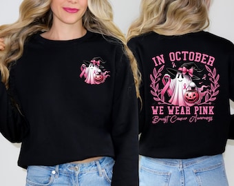Breast Cancer Awareness Sweatshirt In October We Wear Pink Ghost Halloween Crewneck Support Pink Ribbon Fall Pullover