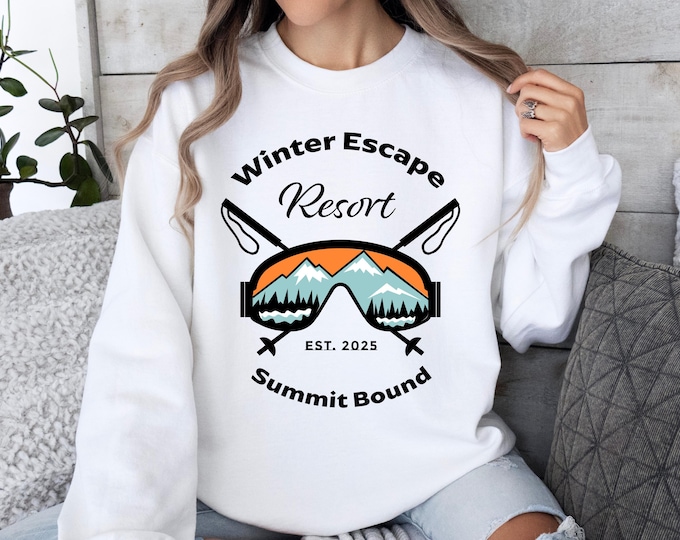 Featured listing image: Winter Escape Ski Sweatshirt, Summit Bound Mountain Crewneck, Retro Snowboard Pullover, Cozy Apres Ski Lodge Shirt, Winter Vacation Top