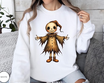 Scary Halloween Scarecrow Sweatshirt, Spooky Skeleton Face Pumpkin Head Crewneck, Creepy Gothic Fall Sweater, Funny Haunted Outfit