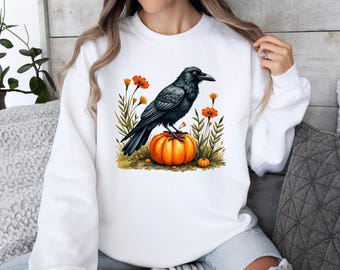 Raven Pumpkin Sweatshirt Halloween Fall Crewneck Spooky Crow Graphic Pullover Autumn Pumpkin Patch Sweater Cozy Outfit