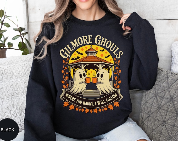 Featured listing image: Gilmore Ghouls Halloween Sweatshirt, Cute Ghost Coffee Crewneck, Spooky Fall Sweater, Funny Autumn Haunted House Shirt, Witchy Outfit