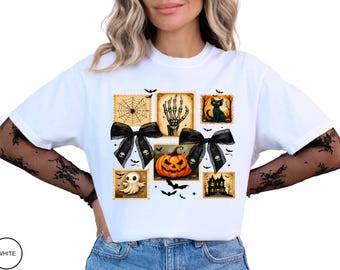 Comfort Colors Halloween T-Shirt Cute Ghost Pumpkin Black Cat Spooky Fall Graphic Tee Vintage Aesthetic Shirt