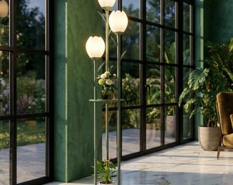 3 Light Flower Floor Lamp with Shelves, Green Tulip Standing Lamp for Bedroom