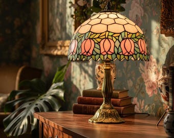 Tiffany Tulip Table Lamp, Pink Stained Glass Bedside Lamp, Vintage Reading Desk Light