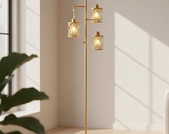 Dimmable Industrial Floor Lamp with 3 Lights, Rustic Tree Standing Floor Lamp with 3 Bulbs