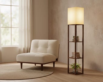 Wood Floor Lamp with Shelf, Standing Bedside Light with Fabric Shade
