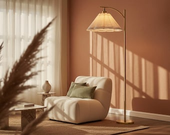 Lámpara de pie alta dorada, con pantalla de lino plisado y forma de arco, lámpara de pie moderna con forma de flor para sala de estar.
