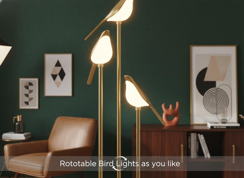 Mid Century Modern Gold Floor Lamp With Shelf, LED Bird Lights - Etsy