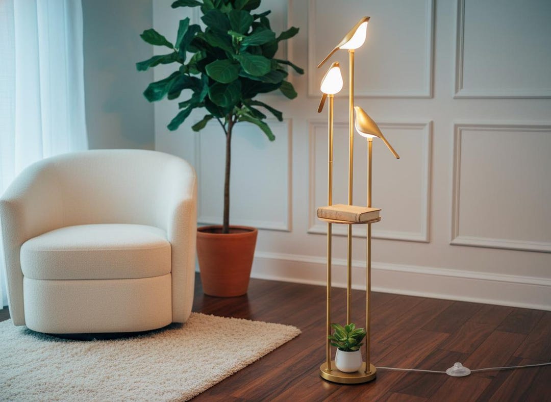 Mid Century Modern Gold Floor Lamp With Shelf, LED Bird Lights - Etsy