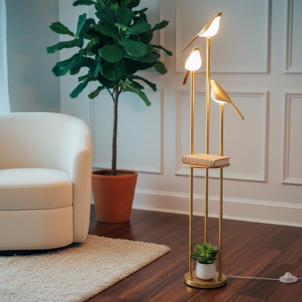 Mid Century Modern Gold Floor Lamp with Shelf, LED Bird Lights