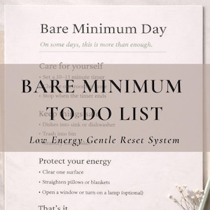 Lista de tareas mínimas, planificador de reinicio de baja energía, rutina diaria suave en PDF