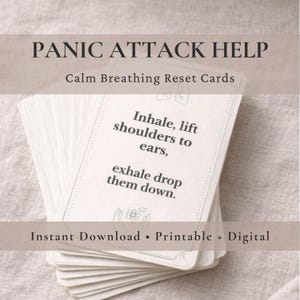 パニック発作のための呼吸法、印刷可能なグラウンディングカード、不安緩和のための落ち着きキット