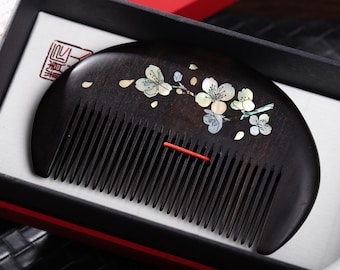Handmade Wooden Hair Comb for Women with Shell inlay Blossom Wedding Valentine Birthday Gift