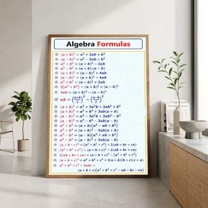 May include: A rectangular wall poster in a wooden frame featuring a list of algebra formulas printed in black and red text on a white background. The title Algebra Formulas is at the top, followed by various mathematical equations and identities.
