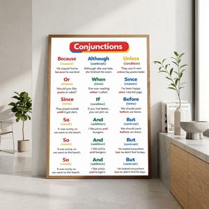 Könnte beinhalten: Ein rechteckiges Lernposter mit der Überschrift Conjunctions in einem Holzrahmen. Das Poster zeigt ein Raster englischer Konjunktionen, unterteilt nach Funktionen wie Grund, Gegensatz und Bedingung, mit Beispielsätzen in schwarzer Schrift.