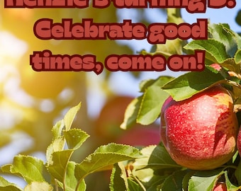 Op de afbeelding: Een afbeelding van een tak met rijpe rode appels en groene bladeren. Tekst op de afbeelding luidt "Kenzie's turning 3! Celebrate good times, come on!" en "VA Orchards 10-22-25 1-4 PM".